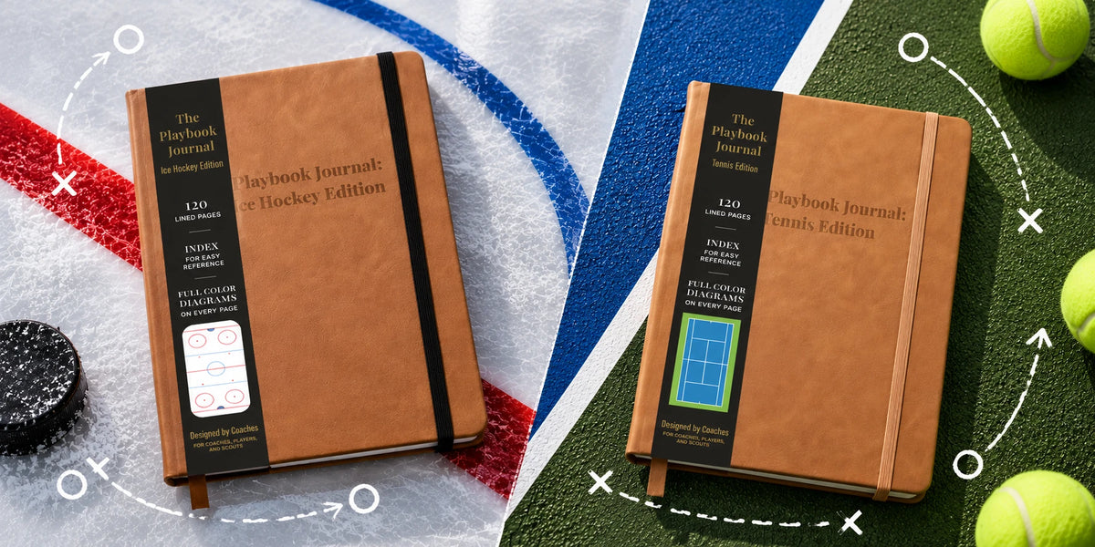 An Ice Hockey Edition Playbook Journal on an ice rink next to a puck, and a Tennis Edition Playbook Journal on a tennis court next to tennis balls.