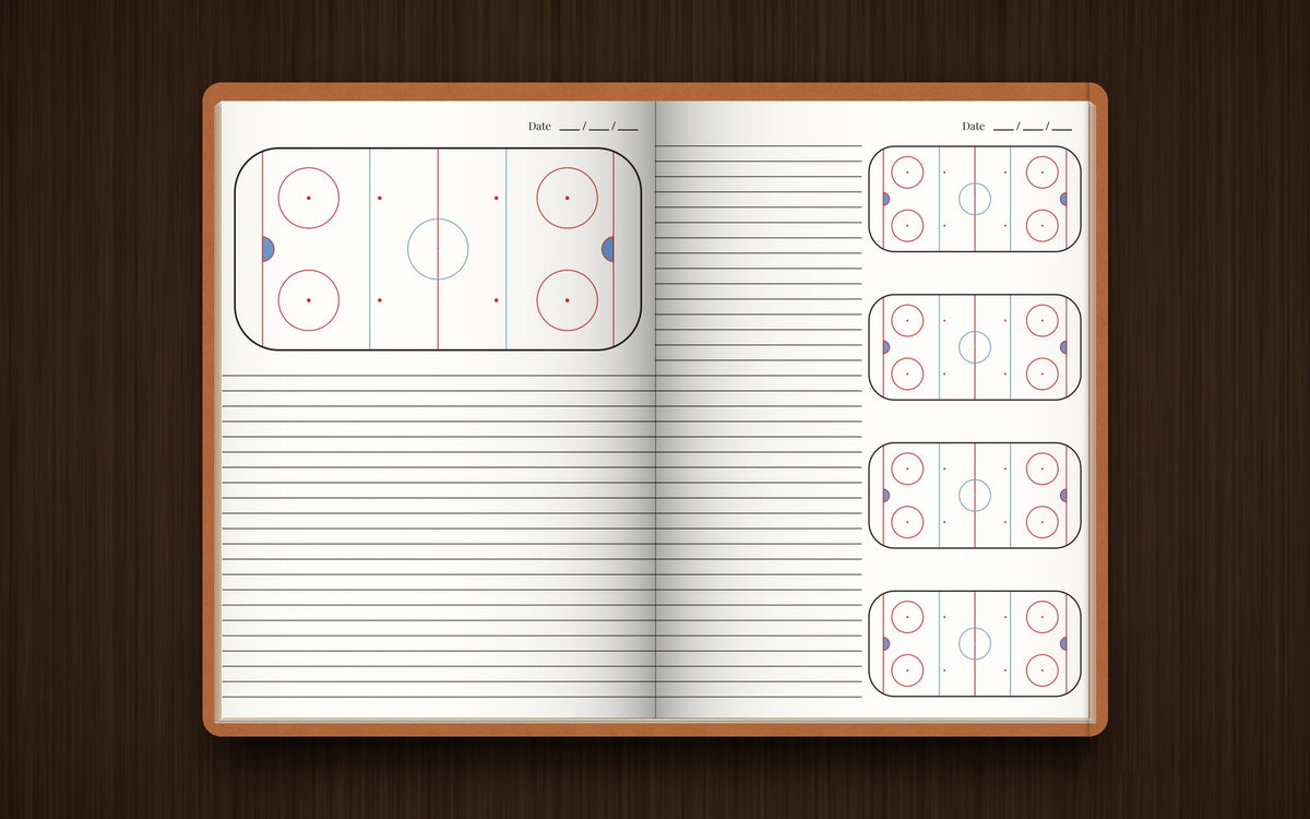 The Ice Hockey Edition open to a spread with rink diagrams and lined pages