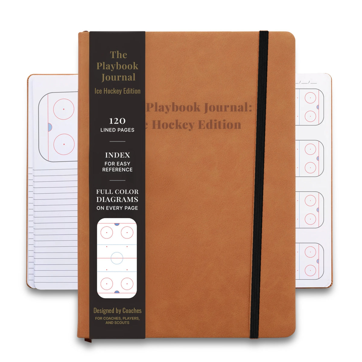 The Playbook Journal Ice Hockey Edition in tan vegan leather with a black elastic band and a rink diagram sleeve