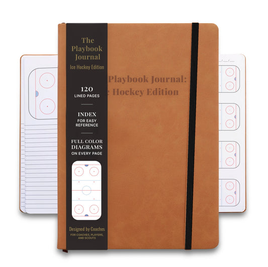 The Playbook Journal Ice Hockey Edition in tan vegan leather with a black elastic band and a rink diagram sleeve