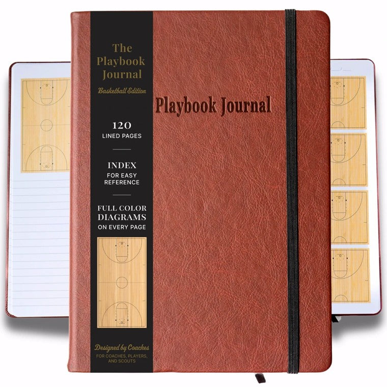 The Playbook Journal Basketball Edition, closed, with the open pages showing court diagrams behind it