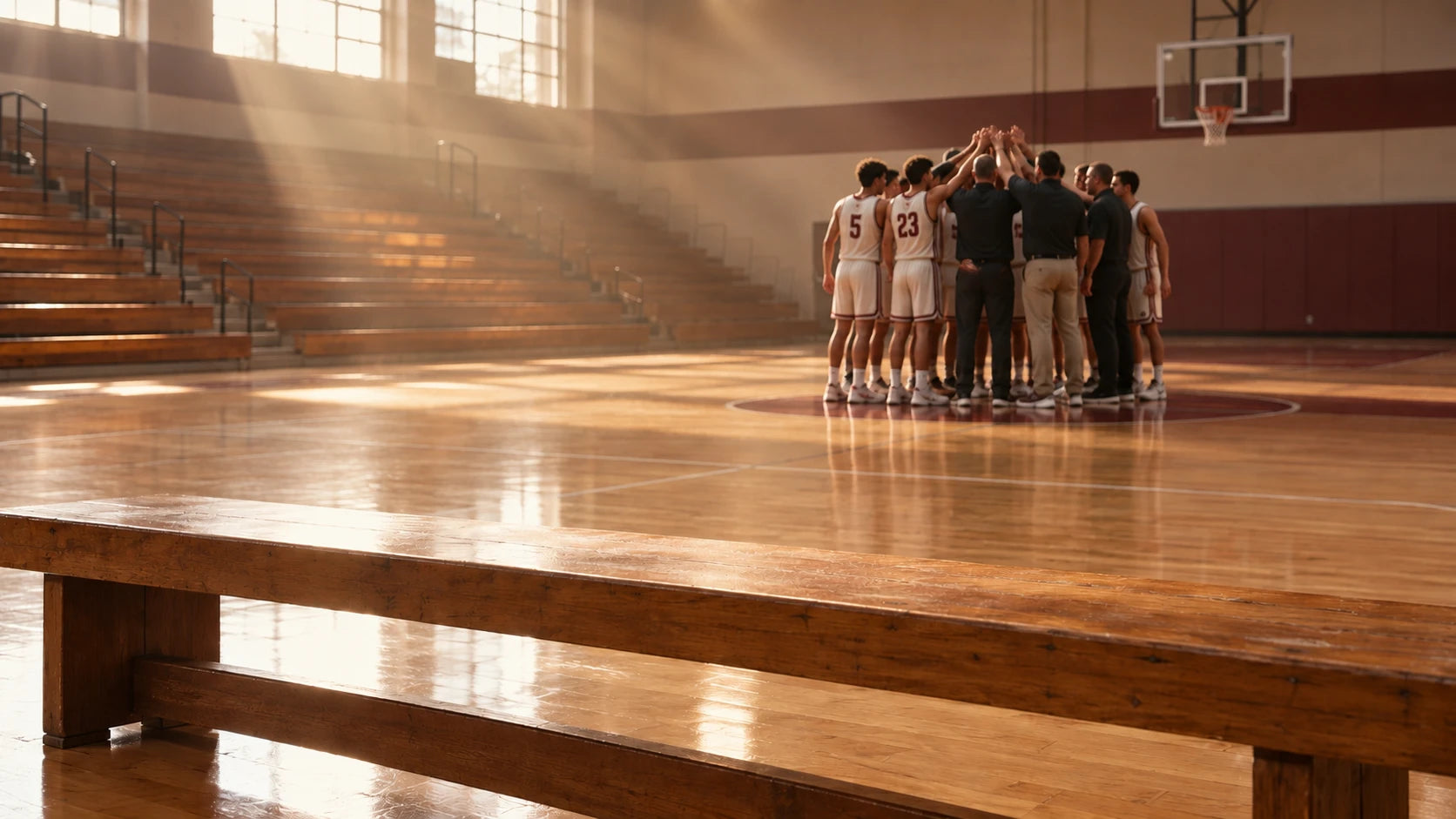 A basketball team and coaching staff in a huddle at center court of a sunlit gym