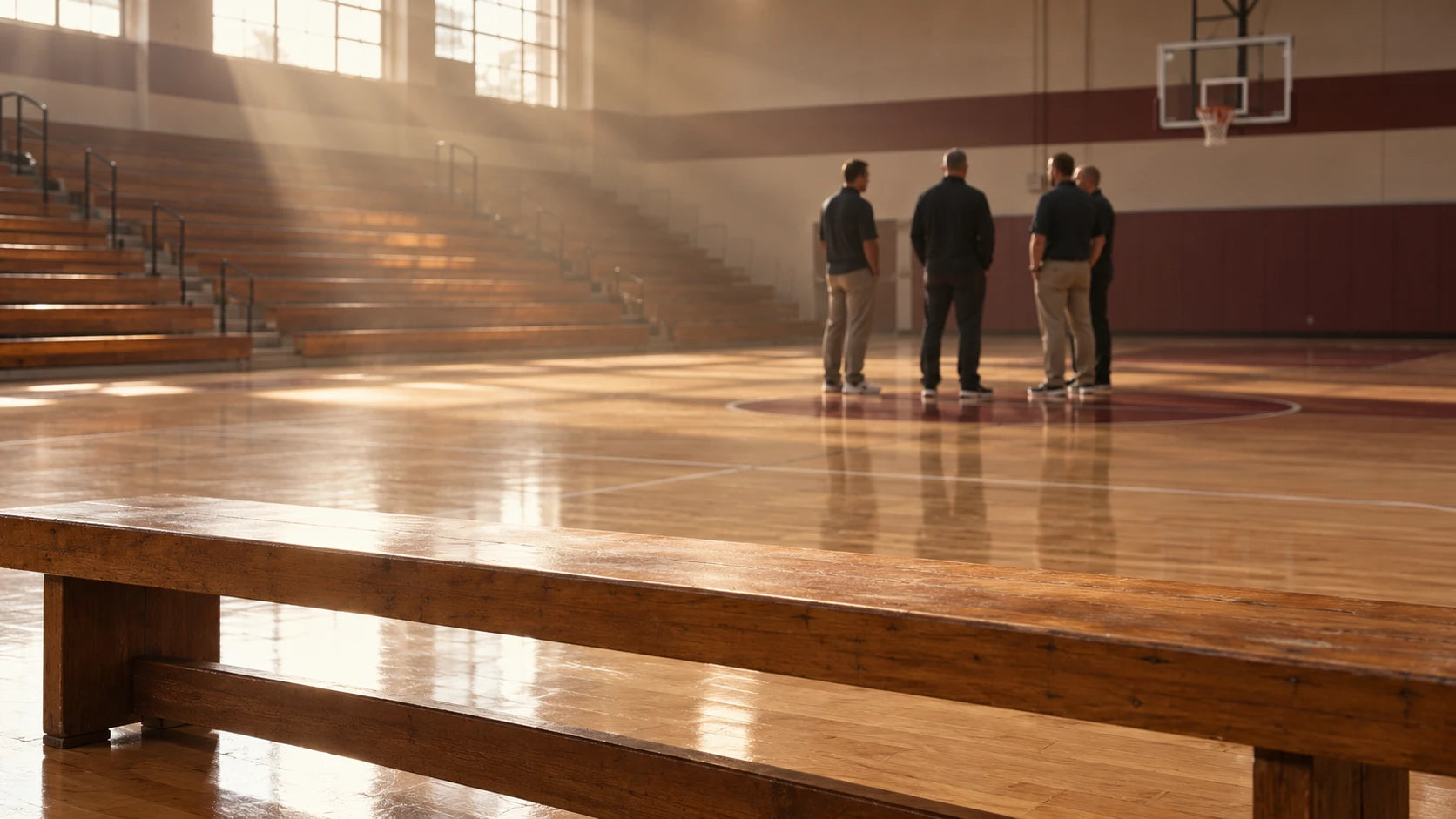 Four coaches standing at center court of a sunlit gym